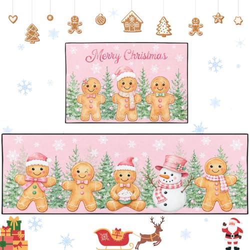 Christmas Gingerbread Kitchen Rugs Set of 2 Non Slip Washable Holiday Mats - Arttown