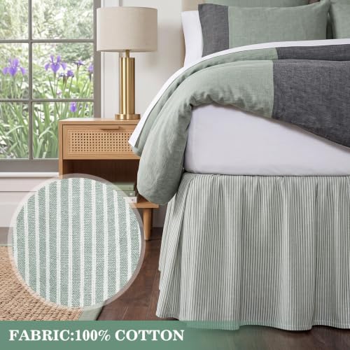 Tranqun Stripe Ruffled Bed Skirt Queen Size 16 Inch Drop Light Green