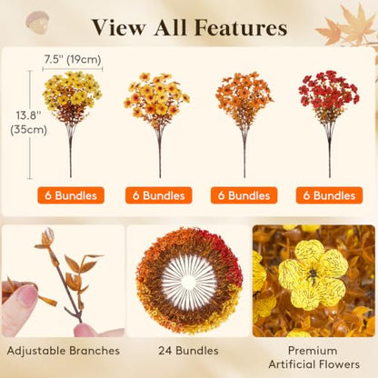 Artificial Fall Flowers Set Sunset Orange - 24 Bundles for Outdoor & Garden Decor