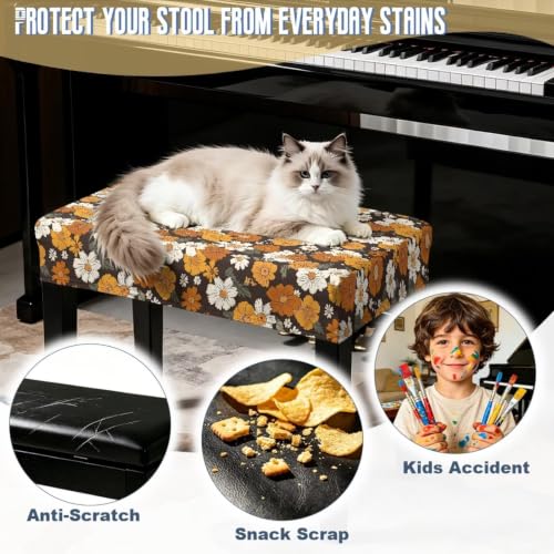 Jeiento Retro Orange Daisy Flower Piano Bench Cover Small - Non-Slip Elastic Seat Protector