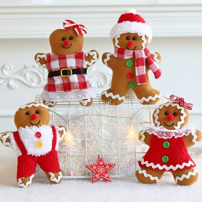 Gingerbread Man Ornaments Set - 4 Christmas Tree Decorations, 5.7 Inch & 6.8 Inch Tall, Holiday Decor