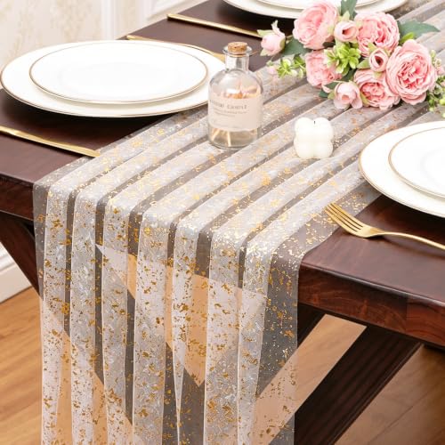 Beige Gold 10ft Sheer Glitter Metallic Gauze Table Runner for Weddings & Events