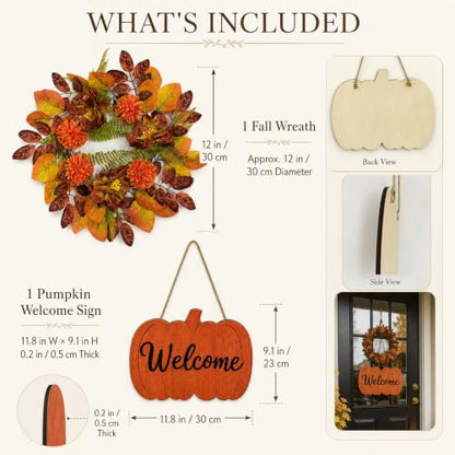 Fall Wreath with Pumpkin Welcome Sign for Front Door - Autumn Harvest Decor