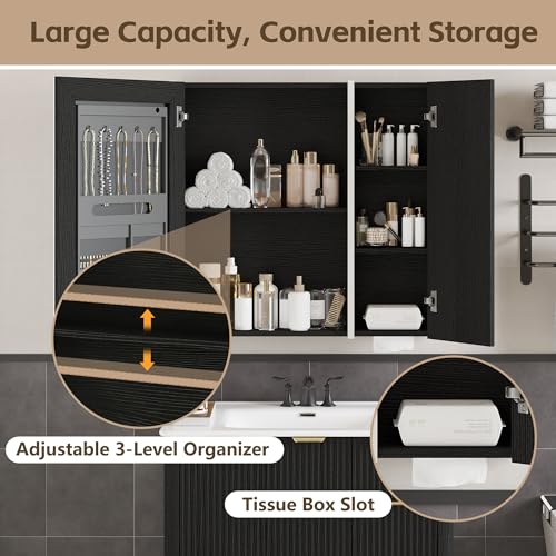 Bathroom Medicine Cabinet with Mirror and LED Lights, 29x28 Black - Wall-Mounted Vanity Storage