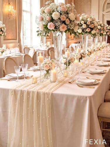 FEXIA Champagne Pearl Table Runner 10ft Beige Tulle Gauze Wedding Decor