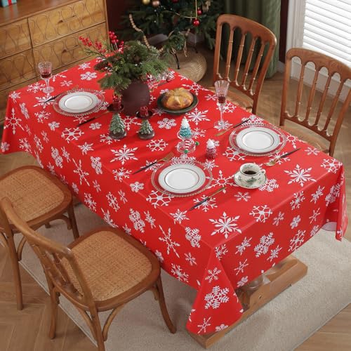 Christmas Red Snowflake Vinyl Tablecloth 70x52 Inches Waterproof Holiday Decor
