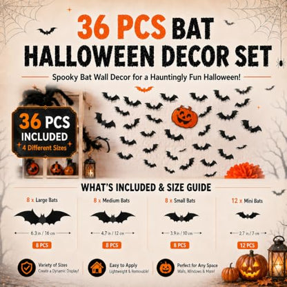 Halloween Indoor Decorations Set with Webs, Bat Stickers & Table Runners