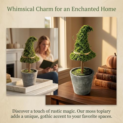 Artificial Moss Witch Hat Topiary Tree in Pot - Gothic Halloween Decor, Green & Brown