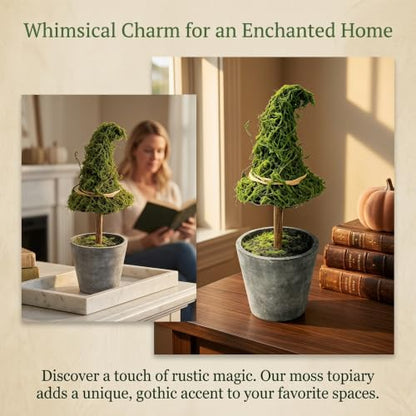 Artificial Moss Witch Hat Topiary Tree in Pot - Gothic Halloween Decor, Green & Brown