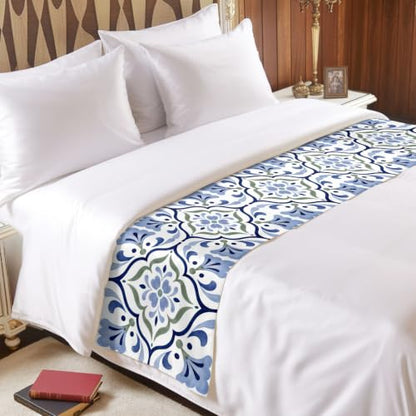 Queen Bed Runner Satin Majolica Print Blue Green Decorative 83x20 with Variation Blue & Slate Blue