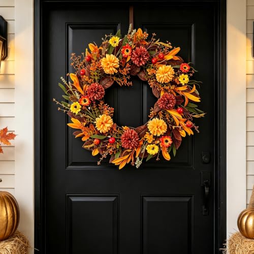 Autumn Orange Hydrangea Wreath - 22-Inch Fall Front Door Decor with Pumpkins & Berry Accents