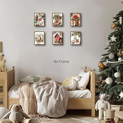 Unframed Christmas Wall Art Prints Set of 6 - Farmhouse Winter Holiday Decorations