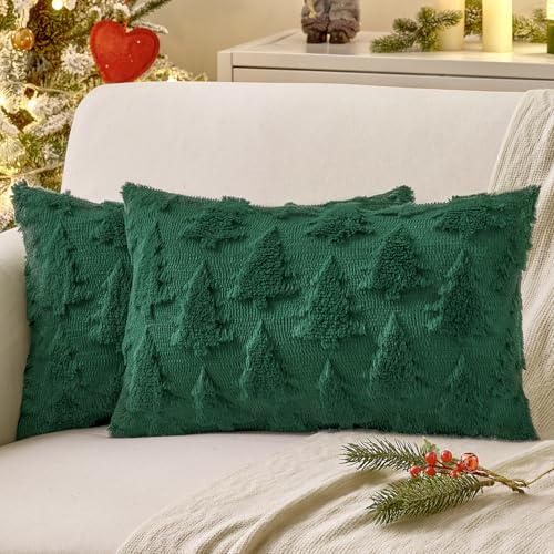 MIULEE Christmas Pillow Covers 12x20 Dark Green Set of 2 - Holiday Decor