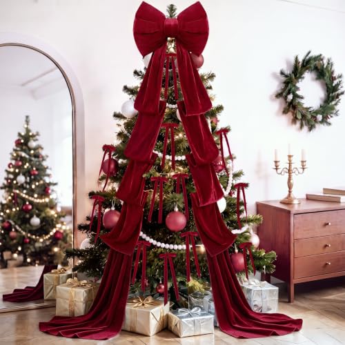 Red Velvet Bow Christmas Tree Topper Set with 12 Small Bows - Large Red Holiday Decoration
