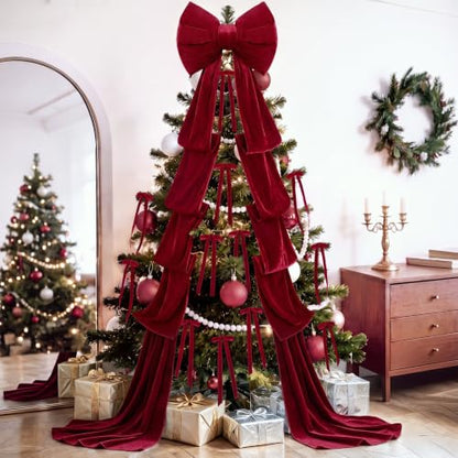 Red Velvet Bow Christmas Tree Topper Set with 12 Small Bows - Large Red Holiday Decoration