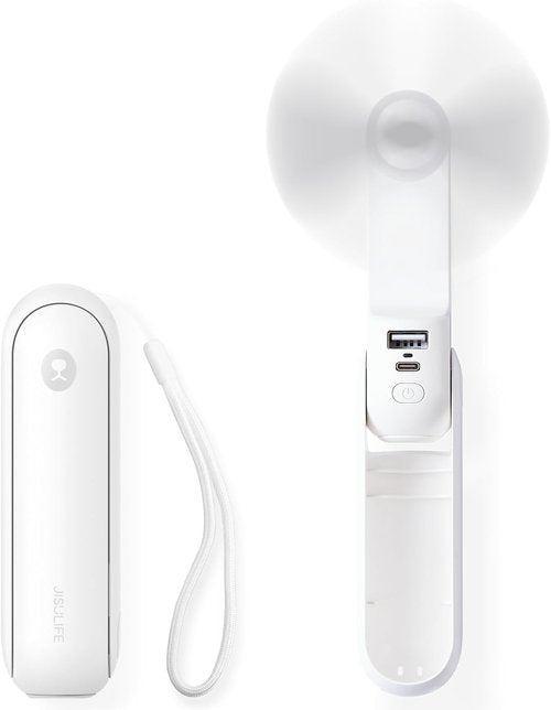 JISULIFE Portable Handheld Fan - Mini 3-In-1 USB Rechargeable with Power Bank & Flashlight | White, Ideal for Travel & Summer