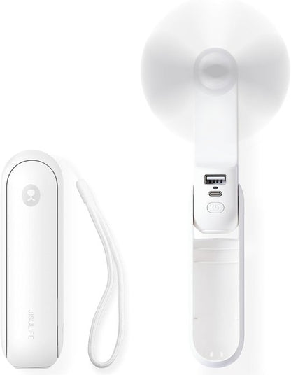JISULIFE Portable Handheld Fan - Mini 3-In-1 USB Rechargeable with Power Bank & Flashlight | White, Ideal for Travel & Summer