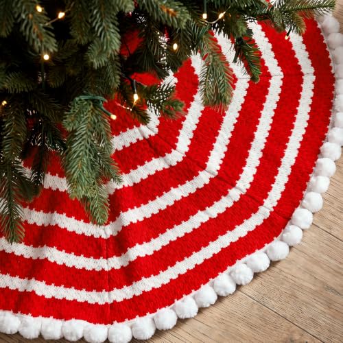36 Inch Red White Crochet Christmas Tree Skirt with Pom Trim
