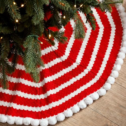 36 Inch Red White Crochet Christmas Tree Skirt with Pom Trim