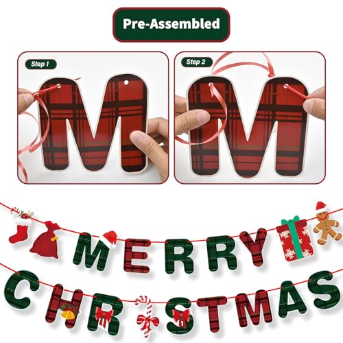 Christmas Banner Set with Gingerbread Socks Signs - Red & Green Holiday Paper Garland for Indoor Outdoor Decorations