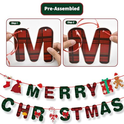 Christmas Banner Set with Gingerbread Socks Signs - Red & Green Holiday Paper Garland for Indoor Outdoor Decorations