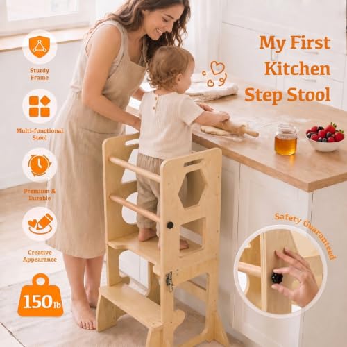 4-in-1 Toddler Standing Tower with Blackboard and Safety Bar - Kids Learning Stool
