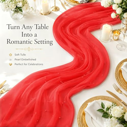 Pearl Red Table Runner 10FT - Tulle Gauze Decor for Weddings & Parties - Red / 1