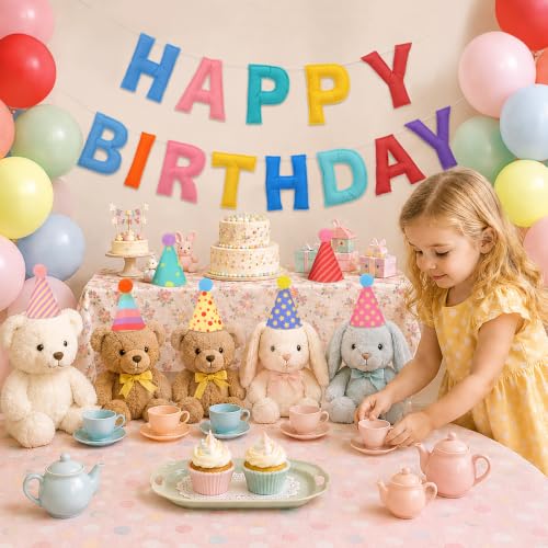 Mini Felt Party Hat Set with Pastel Balloons & Banner for Stuffed Animals
