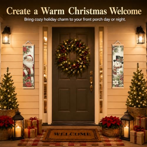 Christmas Porch Banner Set of 2 - Santa Snowman Holiday Door Decor - 31.5x7.8 Inches - Festive Canvas Wall Hangings - Easy Hang Seasonal Decor - Family & Party Gift