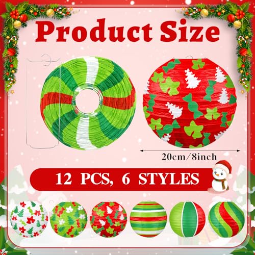 Christmas Paper Lanterns Set - 12 Hanging Holiday Decorations with 5 Designs - Variation of Christmas Paper Lanterns