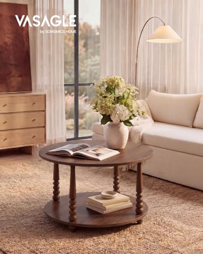 VASAGLE 2-Tier Round Coffee Table with Storage - Chestnut Brown