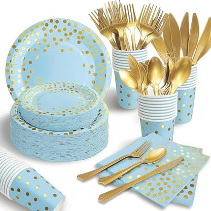 AIRE 175PCS Blue and Gold Disposable Party Plates Set for 25 Guests