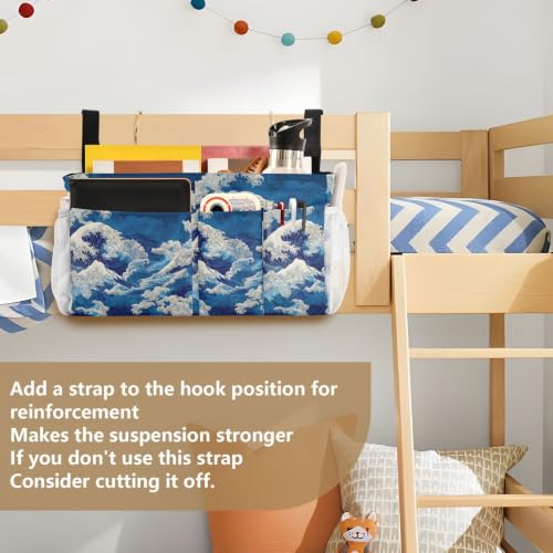 Deep Blue Sea Waves Bedside Caddy Organizer Hanging with 6 Pockets for Dorm Bed Bunk Rooms