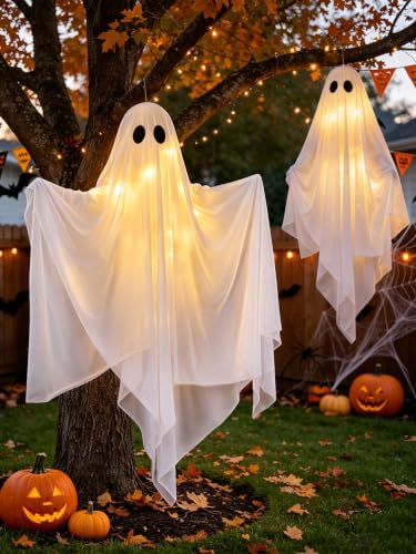 Halloween Ghost Decorations Outdoor Hanging Swing Ghost with LED Lights - 47 Inches, 2 Pack (Variation: Hanging-Ghosts)