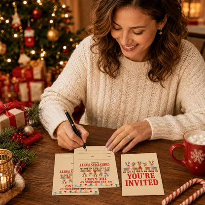 Christmas Party Invitations with Envelopes - 20 Retro Reindeer Cards - A10