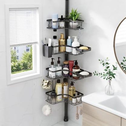 Corner Shower Caddy Tension Pole 4-Tier Rustproof Bathroom Organizer - Black