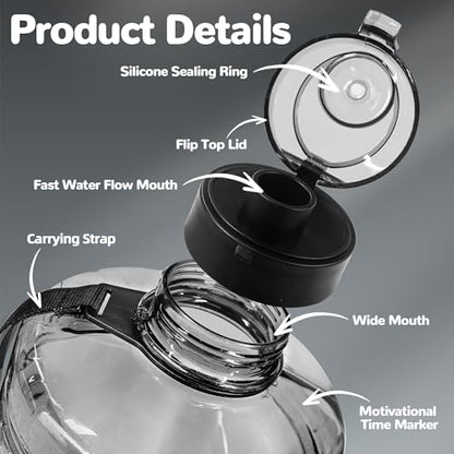 Clear 74oz Water Bottle with Time Marker & Straw - Half Gallon Hydration Jug with Handle & 2 Lids
