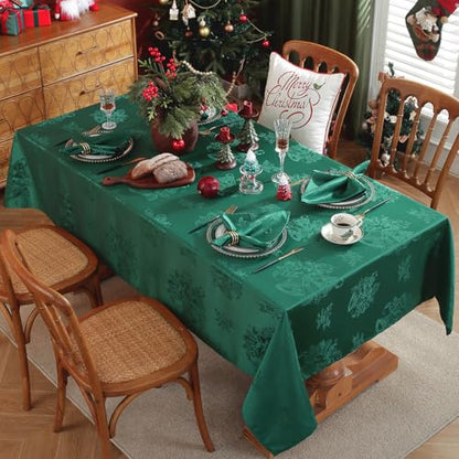Christmas Tablecloth 60x84 Inch Green Jacquard Spill Proof Non Slip Holiday Decor