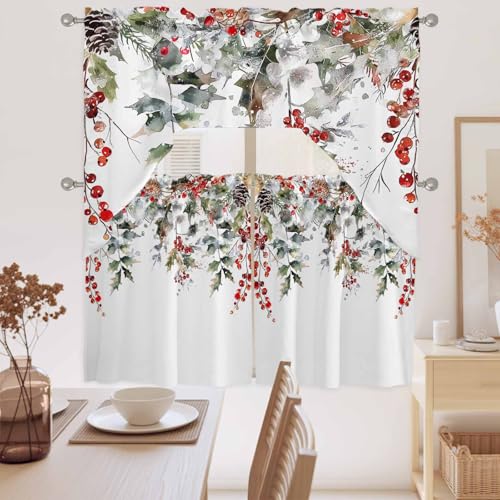 White Winter Christmas Swag Valance and Tier Curtain Set 36" Length