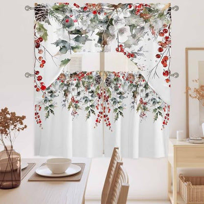 White Winter Christmas Swag Valance and Tier Curtain Set 36" Length