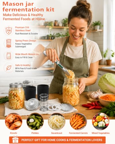 Stainless Steel Fermentation Jar Kit with Mason Jars - Complete Set for Sauerkraut & Kimchi