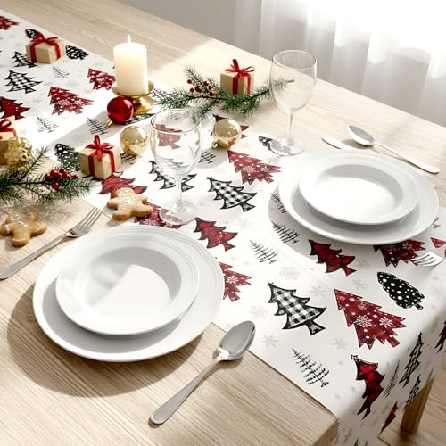 Christmas Table Runner with Xmas Tree Pattern - Buffalo Plaid, 14 x 108 inches, 6 Pack - Holiday Party Decor