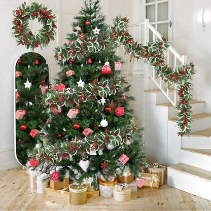 Cedar Christmas Garland 13FT - 2 Pack Artificial Holly Pine Cones & Berry Decor
