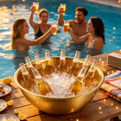 Gold Hammered Stainless Steel Beverage Tub Set - 2 Large 16.4 Qt Chiller Bins for Parties