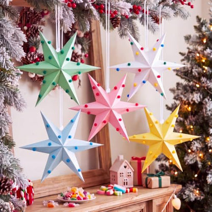 Christmas Paper Star Lanterns Set - Felt Ball Decor 12 Inch Pastel Ornaments