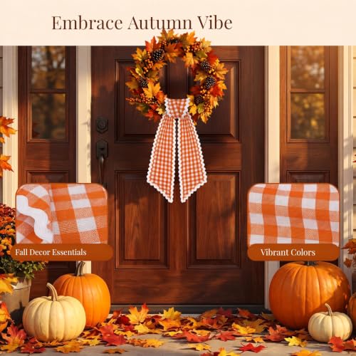 2Pcs Orange and White Plaid Garland Wreath Sash for Front Door & Decorations
