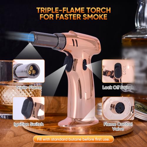 Rose Gold Whiskey Smoker Kit with Triple-Flame Torch & Glasses - 18-Piece