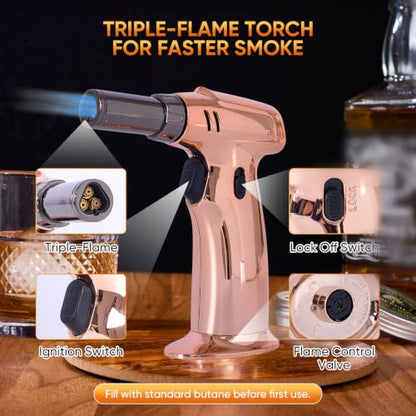 Rose Gold Whiskey Smoker Kit with Triple-Flame Torch & Glasses - 18-Piece