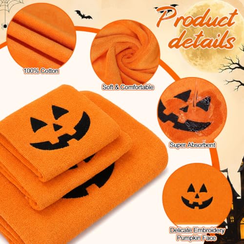 Halloween Towels Set - 3 Pcs Embroidered Pumpkin Face Orange Bathroom Decor