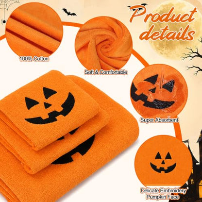 Halloween Towels Set - 3 Pcs Embroidered Pumpkin Face Orange Bathroom Decor